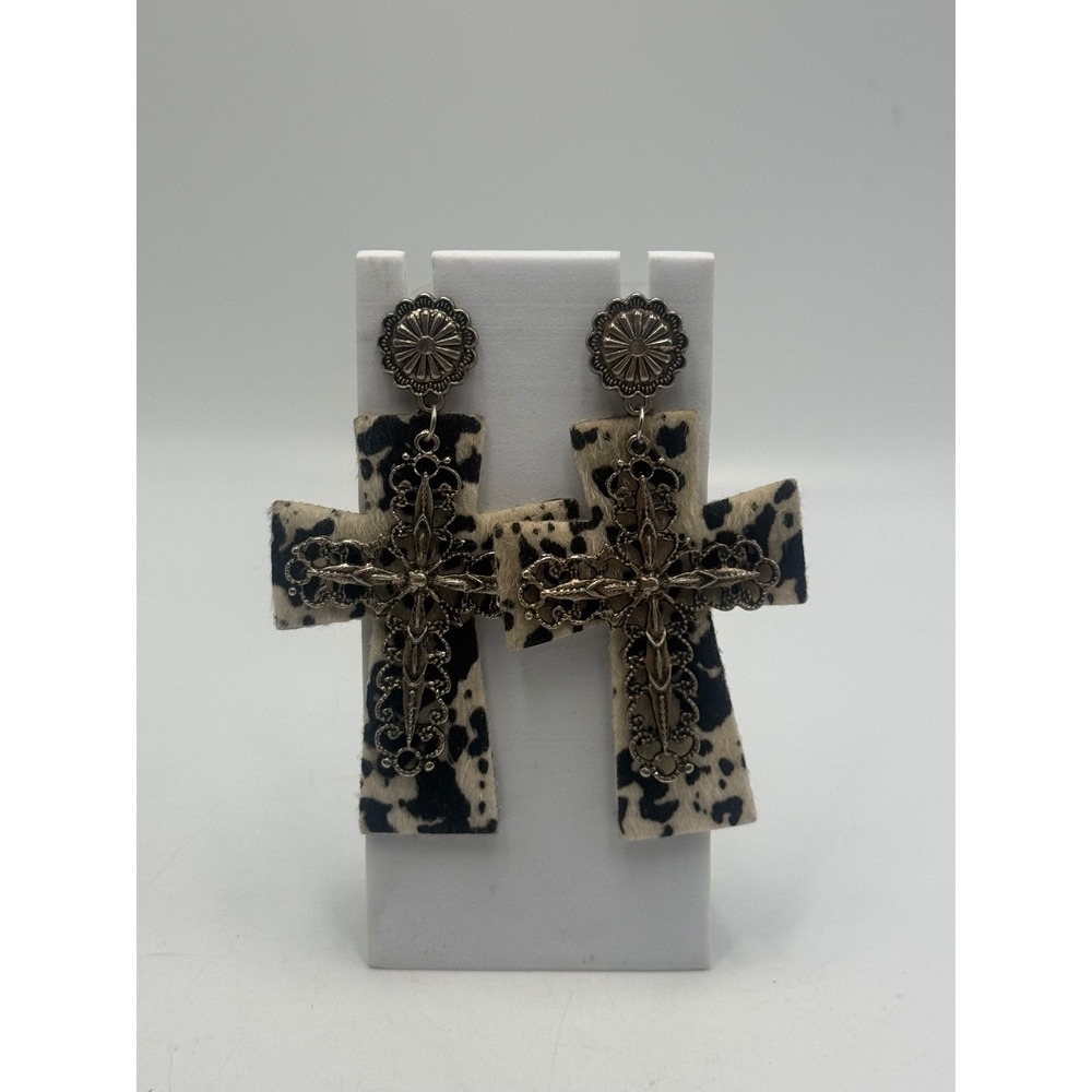 Western Cow Print Faux Hair Cross Drop Earrings Silver Tone Filigree Concho Stud